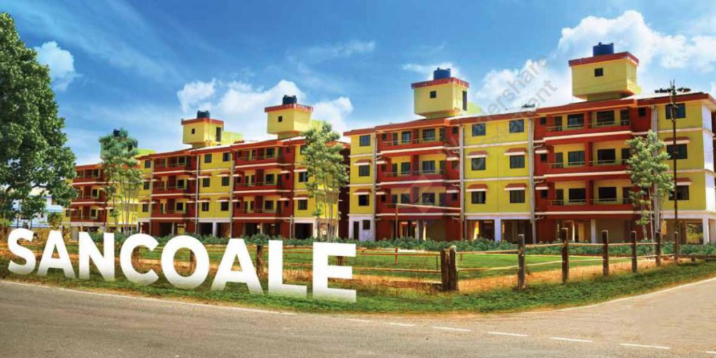 Architectural render of the Sancoale Residential Complex showing multi-storey apartment blocks against a hillside.